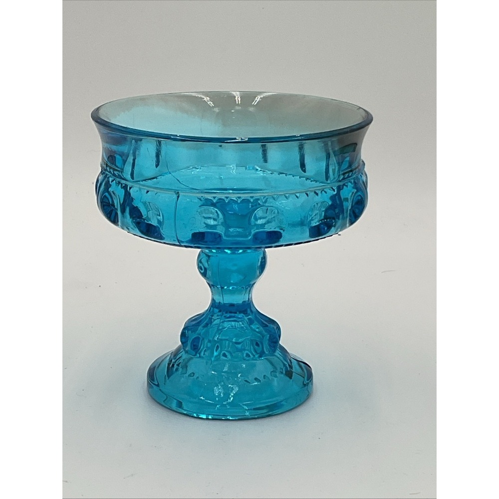 Vintage INDIANA GLASS Kings Crown Aqua Blue Thumbprint Pedestal COMPOTE Bowl - Picture 6 of 6